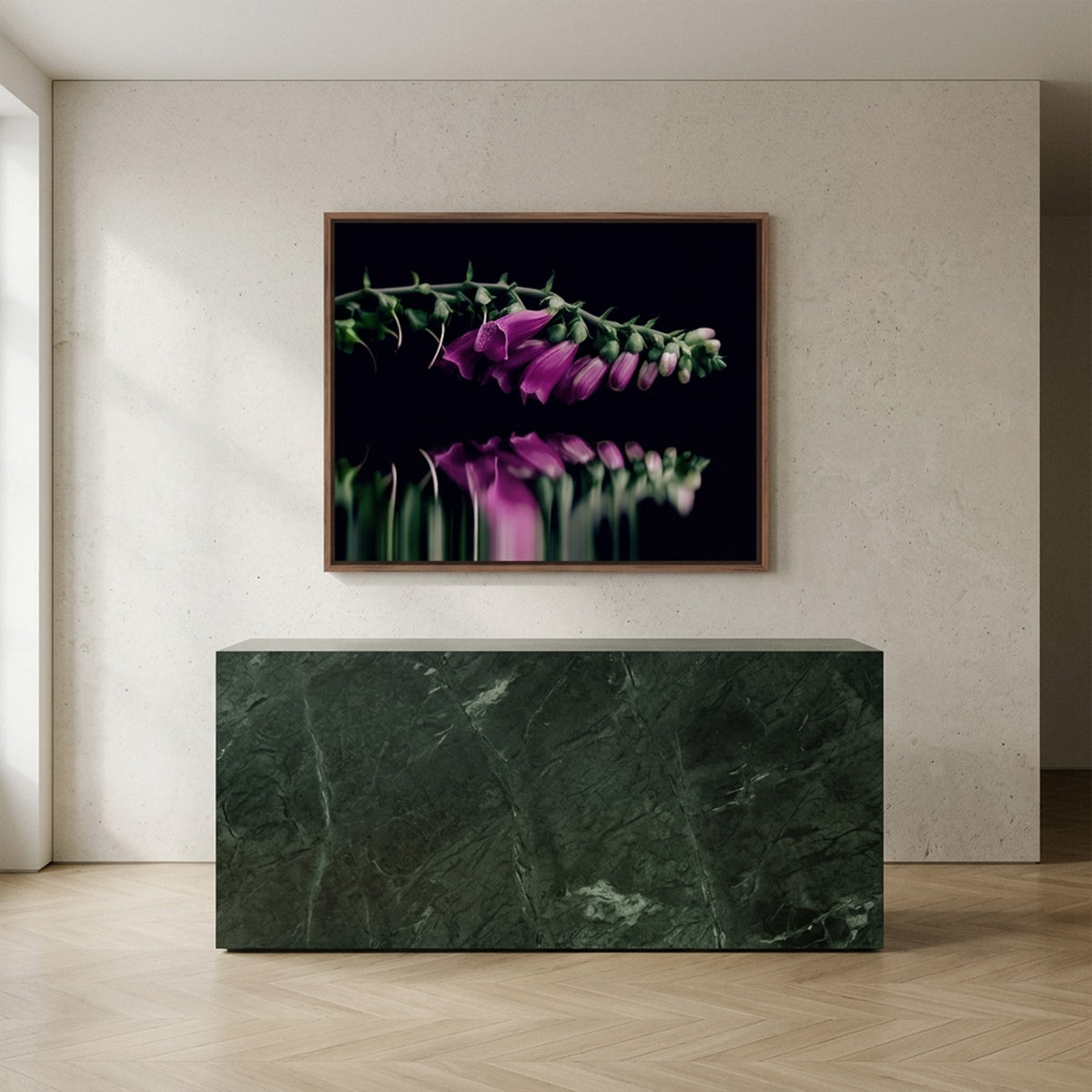 Narcisse 19 – wild foxglove fine art print in an interior, walnut floater frame | Beau Edition