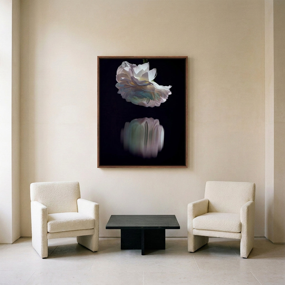 Narcisse 20 – white ranunculus at night fine art print in an interior, walnut floater frame | Beau Edition
