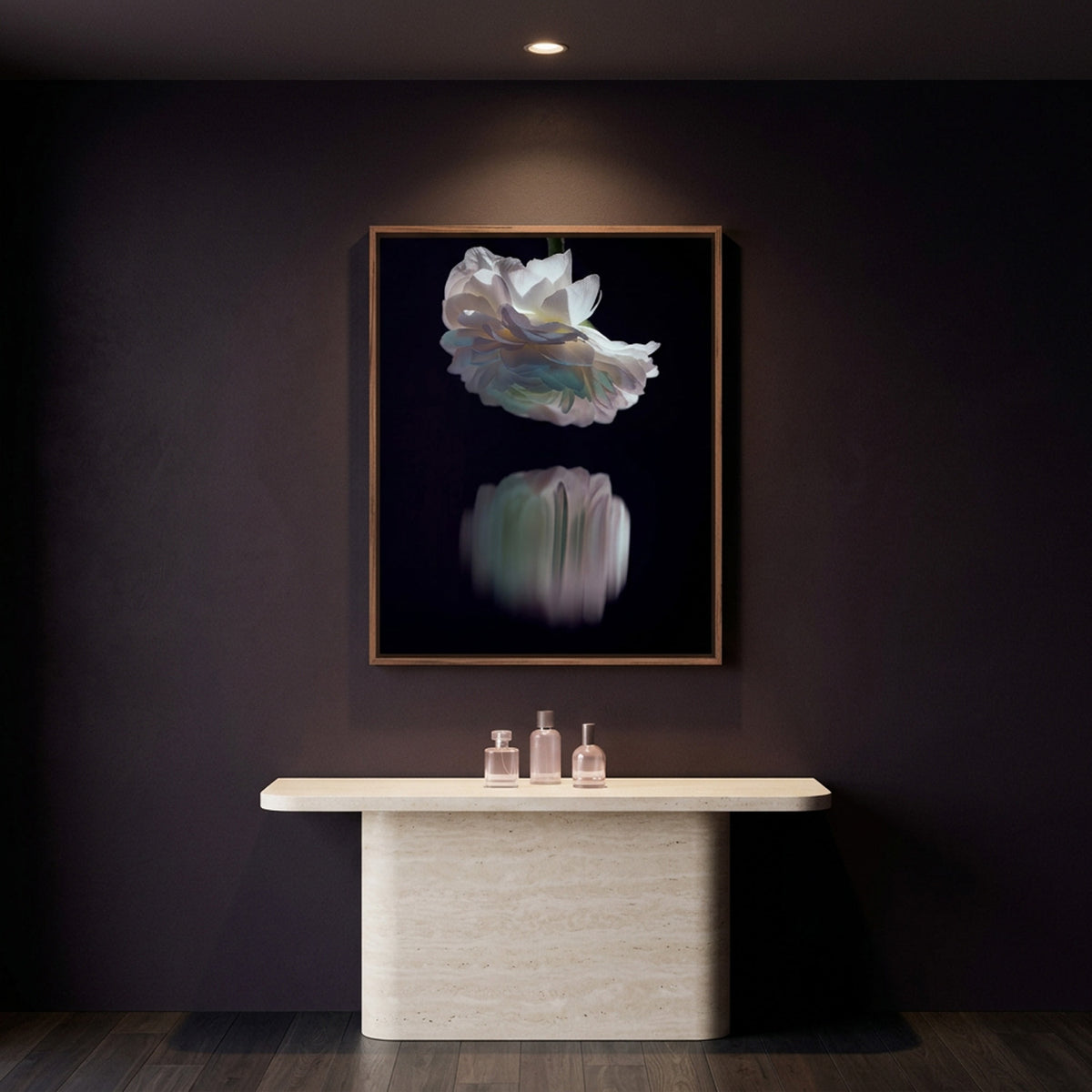 Narcisse 20 – white ranunculus at night fine art print in an interior, walnut floater frame | Beau Edition