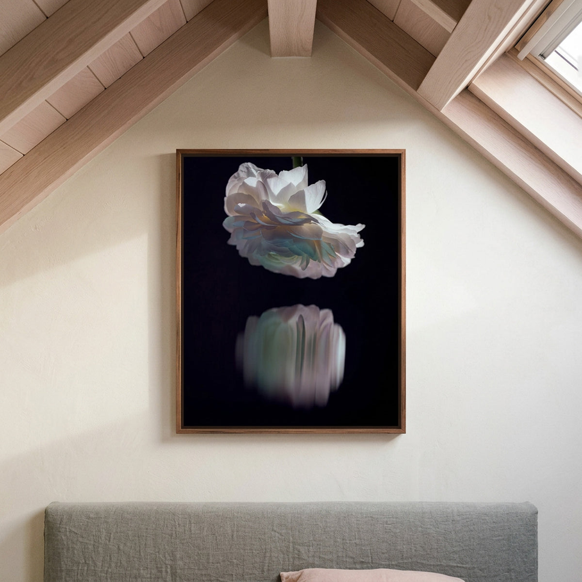 Narcisse 20 – white ranunculus at night fine art print in an interior, walnut floater frame | Beau Edition