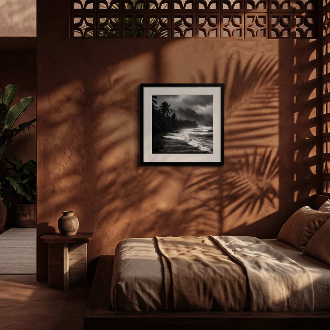 Black Eden 03 – tropical coastline fine art print in a terracotta bedroom, matte black frame | Beau Edition