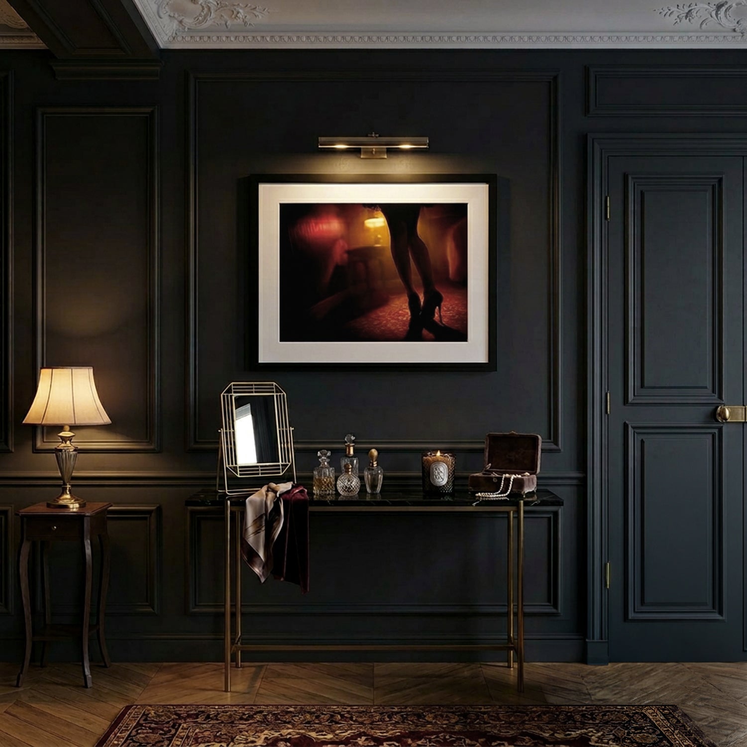 Chambre rouge 06 – stiletto-heels fine art print in a midnight-blue lounge, matte black frame | Beau Edition