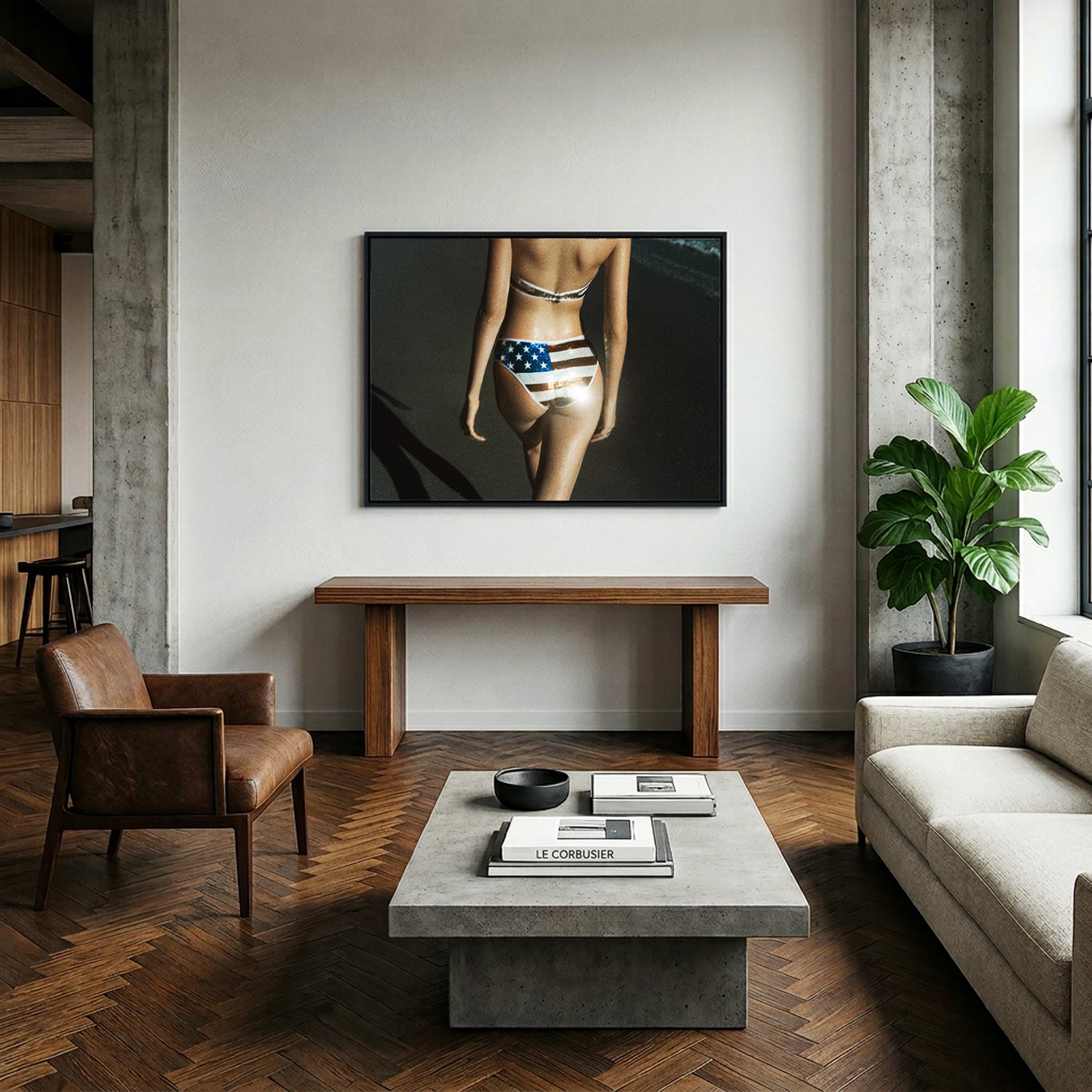 Electric Summer 03 — framed American-flag bikini print in a contemporary loft living room, black floater frame | Beau Edition