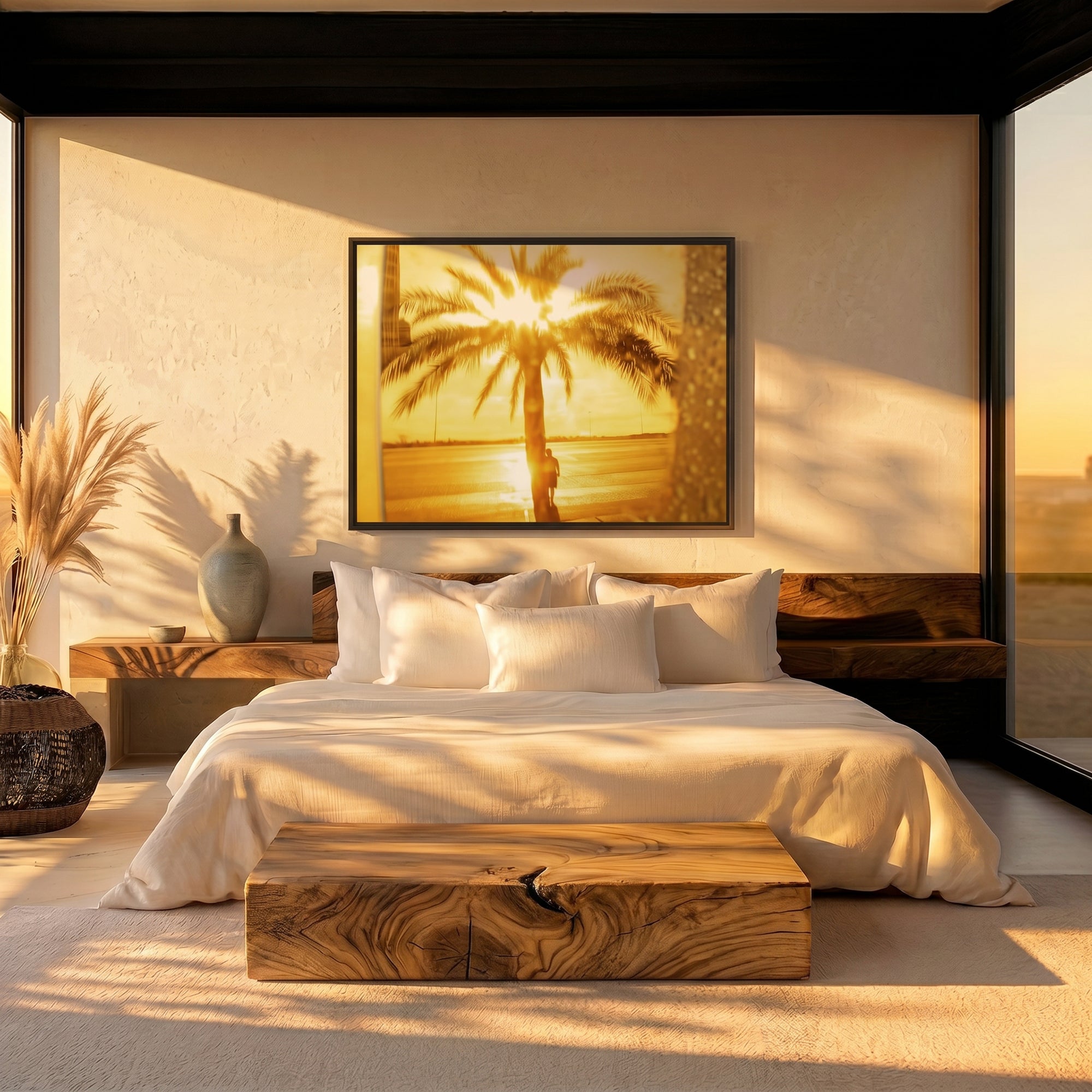 Electric Summer 01 — framed golden-hour palm tree print on a bedroom wall, black floater frame, boho interior | Beau Edition