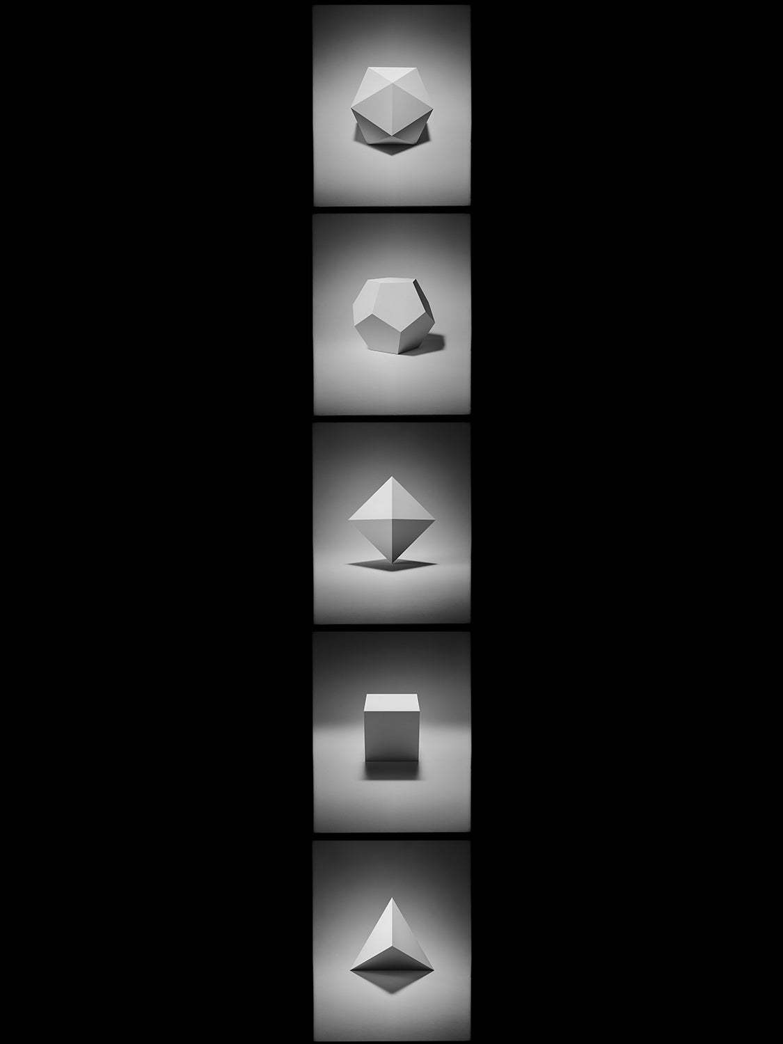 The five Platonic solids layered in transparency, black and white fine art print — Beau Edition